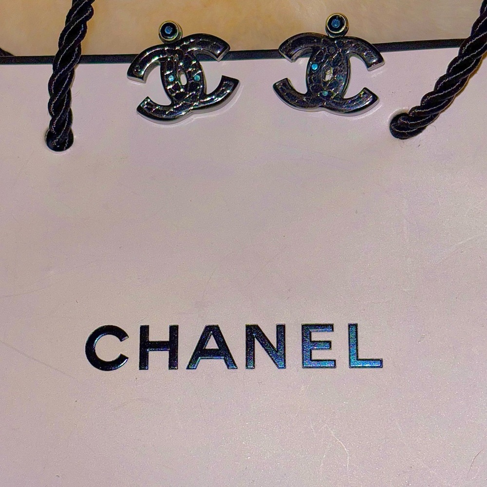 CHANEL Blue Crystal Logo Earrings - Authentic- with Box/Bag - Picture 2 of 13